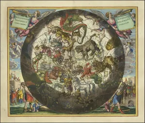 Haemisphaerium Stellatum Boreale Cum Subiecto Hemisphaerio Terrestri, 1660, digital improved reproduction of a work of Andreas Cellarius (1596-1665), a Dutch-German cartographer and cosmographer, who is best known for his 1660 Harmonia Macrocosmica