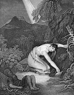 Hagar and Ishmael at a spring of water in a mountain landscape