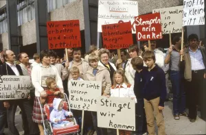 Hagen. Workers with families protesting for jobs at Orenstein and paddock ca