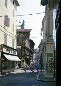 Half-timbered buildings in historical old town centre, Troyes, France 1976