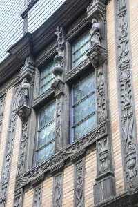Half-timbered house with rich wood carvings in the old town centre of Le Mans