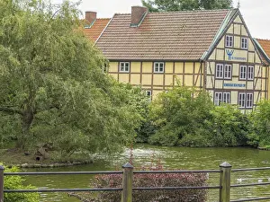 Half-timbered house on the shore of a pond with lush vegetation and green water