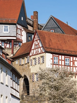 Half-timbered houses on the city wall at the Bamberg Gate in the old town of Kronach