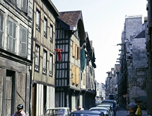 Half-timbered houses in the historic city centre, Troyes, France 1976