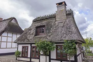 Half-timbered houses with thatched roofs and chimneys in cobbled street environment and cloudy sky
