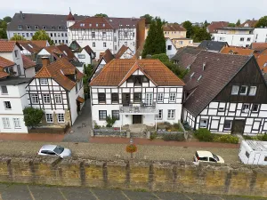 Half-timbered houses in an urban setting reflecting traditional European architecture