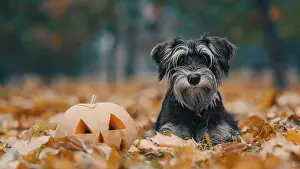 Halloween pumpkin and miniature schnauzer dog lying in yellow autumn fallen leaves in the park during the day