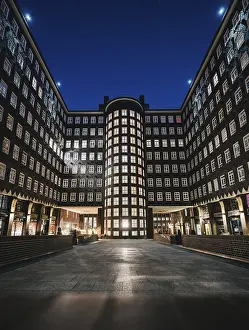 Hamburg, Germany, Symmetrical building illuminated at night