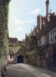 Hampton Court Palace, a castle in the far south-west of London on the left bank of the Thames