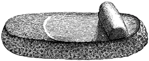 Hand mill for grain at the time of the prehistoric pile dwellings, material stone roll and stone board, history of mankind, historical illustration 1880