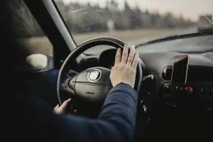 A hand on a steering wheel with nature scenery outside the window