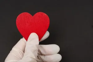 Hand in sterile glove hold a heart
