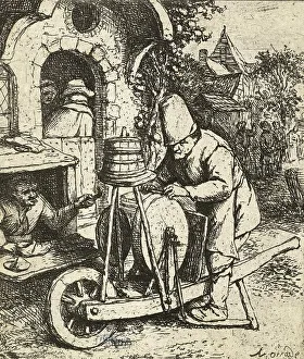 Handicraft, the knife grinder with a mobile whetstone and his customer