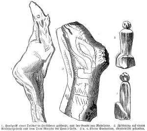 Handle of a dagger from the Grotte de la Madeleine and decorations of reindeer antlers and small statuettes, cave near Pont a Lesse, craft, art, drawing, carving, archaeology, history of prehistoric mankind, France, historical illustration 1880