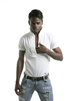 Category Historic EN Prints: Handsomen black fashion african young man with wite shirt at studio