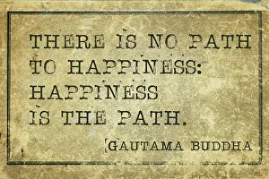 Happiness is the path - famous Buddha quote printed on grunge vintage cardboard