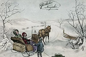 Happy New Year, children taking a sleigh ride in the snow