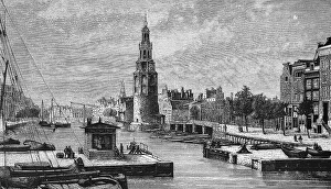 Harbour basin of the Dutch capital Amsterdam with Montelbaanstoren tower, lock, shipping traffic, promenade, cityscape, geography, Kingdom of the Netherlands, historical illustration 1888