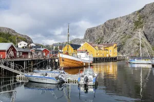 Harbour with fishing boats, Rorbu cabins
