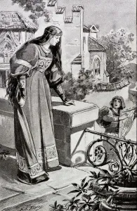 Harpist, young woman, long robe