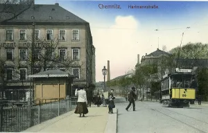 Hartmannstrasse with the tram, 1910, Chemnitz, postcard, Saxony, Germany, digitally enhanced reproduction from a historical original, around 1900, public domain, Europe