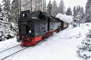 Harz narrow-gauge railway, Brocken railway in snowy landscape