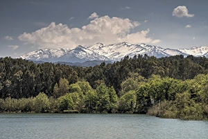 HDR, Lake of Agia, trees, snow-capped White Mountains