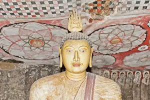 Head, Buddha statue, colourful murals on the ceiling