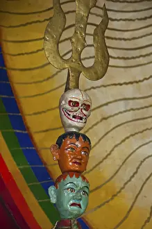 Heads on a trident in a temple, Lhasa, Tibet, Asia