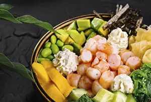 Healthy poke bowl with shrimp, edamame
