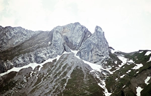 Heavily folded layers of sedimentary rock seen from the summit of the Pilatus railway, Switzerland, Europe. 1959, Europe