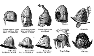 Helmets from various periods from the 11th century to the 18th century