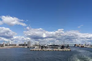 Helsinki, Finland: 5 August, 2021: view of the ferry harbor and terminal in downtown Helsinki