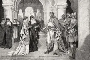 Henry the Fowler making a marriage proposal to Saint Matilda at Herford Abbey