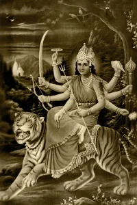 Heritage, old picture pos tcard, 1935 mythology Ambamata on tiger, Bombay Mumbai, Maharas htra, India, As ia