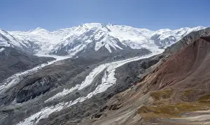 High mountain landscape with glacier moraines and glacier tongues