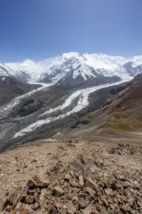 High mountain landscape with glacier moraines and glacier tongues