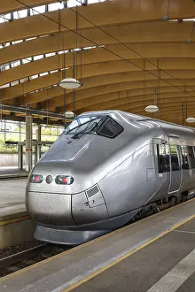High speed train Flytoget train at Lufthavn Airport station in Oslo