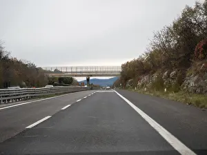 Highway leading to a bridge with trees and mountains in the background