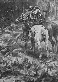 Two highwaymen on horses wait in the forest for their next victim (1898)