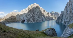 Hiker in front of Kol Suu Mountain Lake