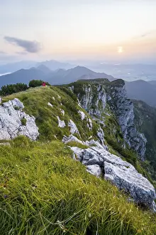 Hiker looking at mountains, Benediktenwand