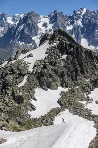 Hiker on snowfield, Aiguille Pourrie