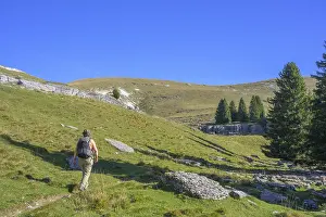 Hiker walking towards rock formations of surface karst
