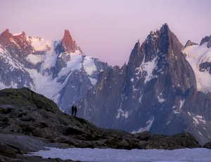 Hikers enjoy the view, evening mood with alpenglow