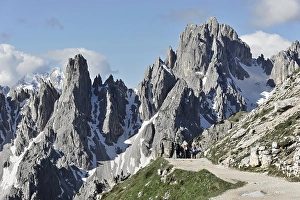 Hikers, mountain panorama looking towards the south in High Puster Valley