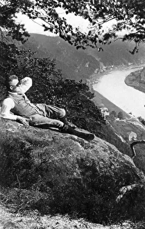 Hikers on the Rhine river, historic photograph