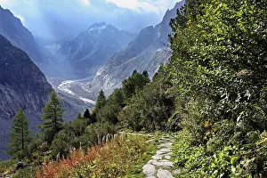 Framed Print : Hiking trail in autumn-colored surroundings with the Mer de Glace glacier Framed Print : Hiking trail in autumn-colored surroundings with the Mer de Glace glacier