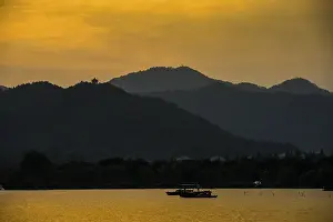 Category Mountain Landscapes Prints: Hills at West Lake at sunset, Xihu