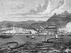 Hilly landscape with chalk cliffs of Dover on the English Channel, view of the town, Dover Castle, steamships, sailing ships, waves, geology, geomorphology, England, historical illustration 1888